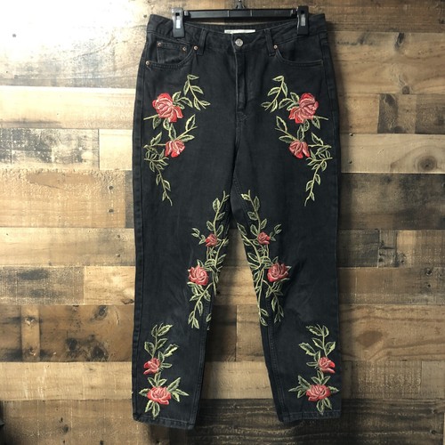 TOPSHOP Moto Mom Jeans Rose Embroidered 