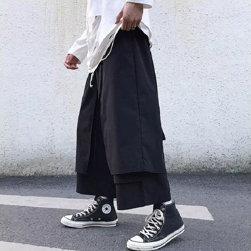 Men's Baggy Wide Leg Pants Casual Japanese Samurai Black Cloth Trousers Plus SZ