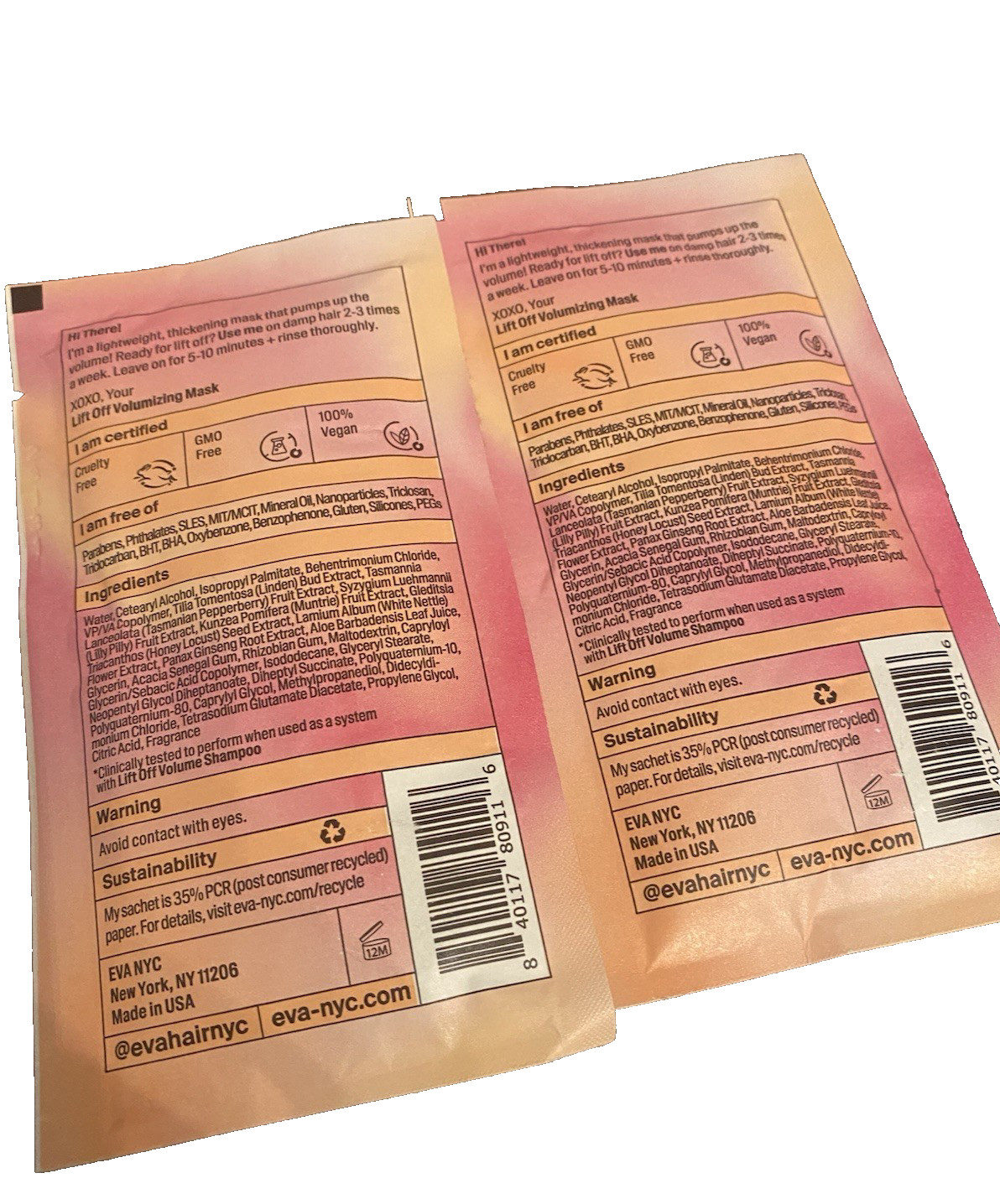 EVA NYC Mane Magic Lift Off Volumizing Hair Mask Sachet 0.68 oz New, Lot Of 2