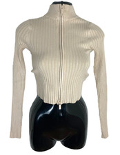 Image of Bershka Cardigan Women's UK Size XS Cream Ribbed Zip Up High Neck Stretch