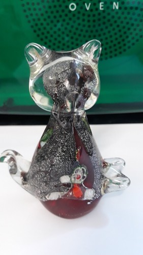 Vintage Murano Style Handblown Silver Millefiori cat From Italy. Ruby Glass
