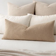 Textured Boucle Throw Pillow Cover Khaki Accent Solid Lumbar Pillow Case Deco...