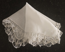 Vintage Unused NOS White Linen Wedding Hand Crocheted Wide Border Handkerchief