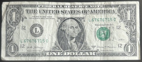 (NEAR SUPER REPEATER!) $1 Repeating Fancy Serial Number L67676715C Series 2017A - Picture 2 of 3