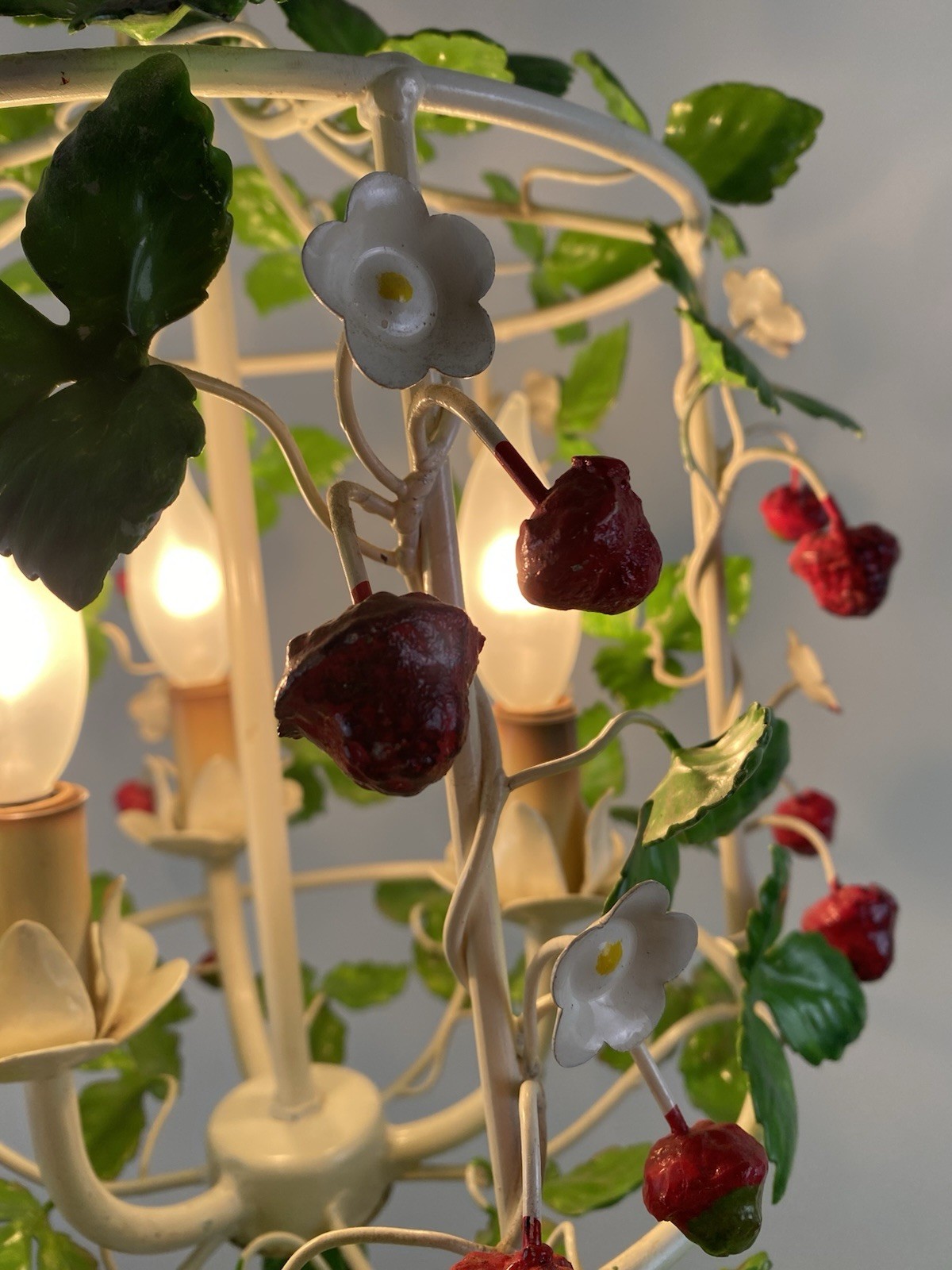 Vintage Italian Tole Strawberry Chandelier Fixture Birdcage Metal Three Sockets