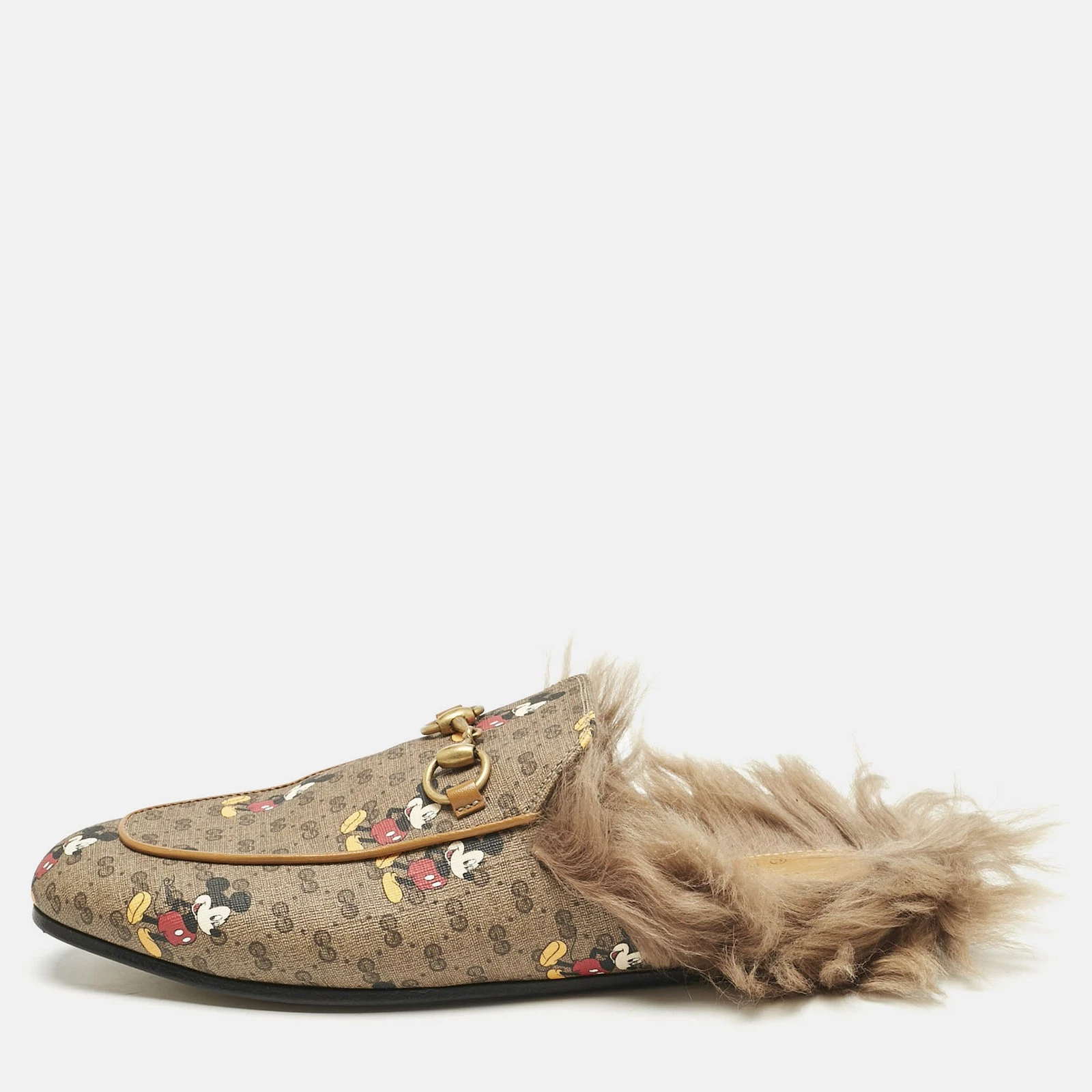Gucci x Disney Marrone Topolino Stampa GG Supreme Tela Princetown Flat Mules
