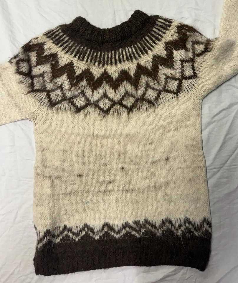 Suéter de Lana Vintage Arco Iris Artesanía Hecho a Mano Yugo Nórdico Islandés Marrón Crema M Foto 4 de 4