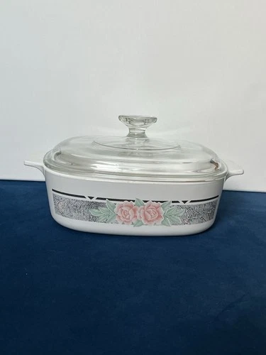 Vintage CorningWare A-2-B 2L Silk & Roses Pattern Casserole Dish & PYREX Lid