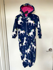 M&S Girls Navy Unicorn Hooded Fleece Zip One Piece 3-4 Years Warm Cosy