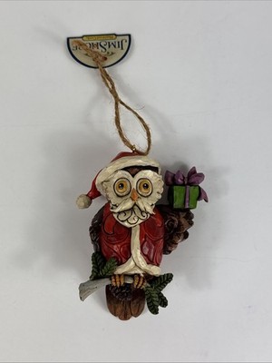 Santa Owl Ornament JS Signed Resin 4  Present Pinecone Branch Christmas Figure