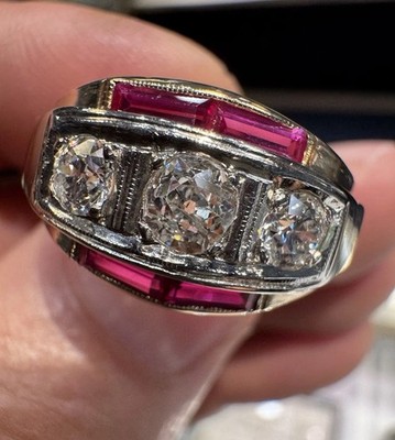 14k Mens Diamond Pinky Ring Mine Cut Size 8.25 F/i1 Natural Nice .78 Carats