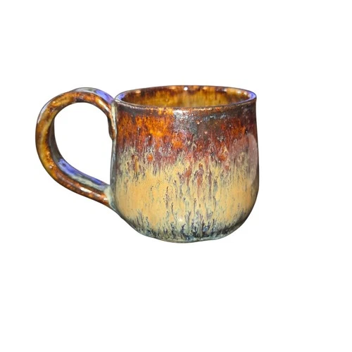 Unmarked Handmade Brown & Blue Drip Glaze Pottery Coffee Cup Mug 3"X3"X5"
