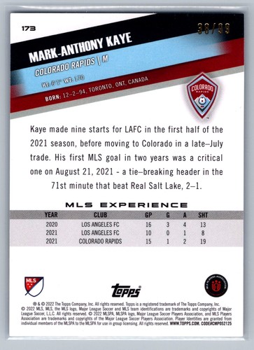 2022 Topps MLS #173 Mark-Anthony Kaye Blue #/99 - Picture 2 of 2