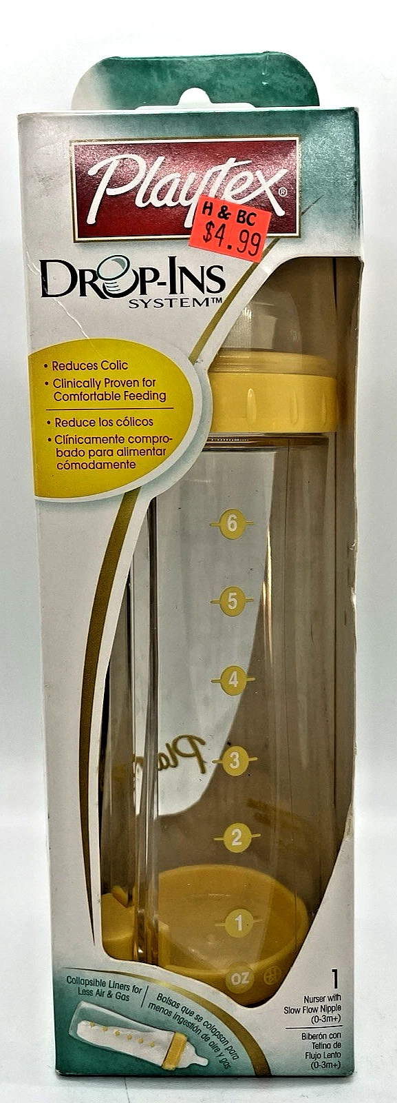Playtex Drop Ins Premium Nurser baby bottle 8 oz 236 ml yellow clear VTG 2005