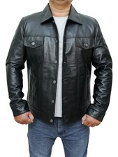 Men's New Shirt Collar Biker Motorcycle Bomber Trucker  Black Leather Jacket