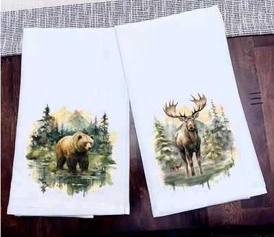Kitchen Towel Wildlife Moose Bear Dish Tea Towel Ink on 100% Cotton Size 28x28