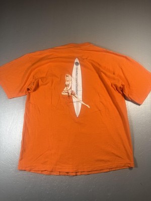 Vintage Surf Pinup Girl Shirt Mens XL Orange Graphic Tee single stich