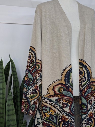 Chicos Sweater Women 3/XL Paisley Print Open Front Cardigan Longline Duster New - Picture 6 of 9