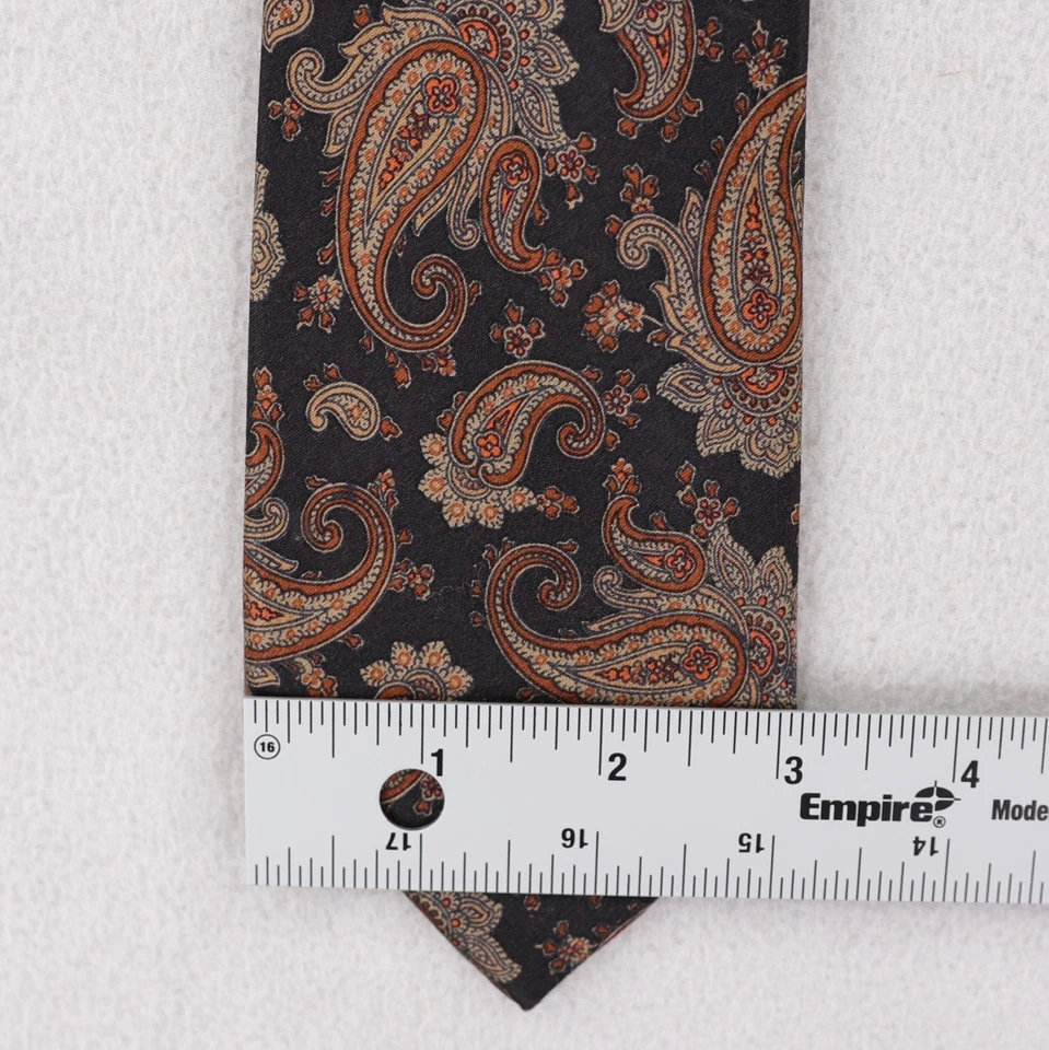Sulka All Silk Neck Tie Black w/Orange/Tan Paisley Pattern Hand Made Satin Short - Image 3 of 4