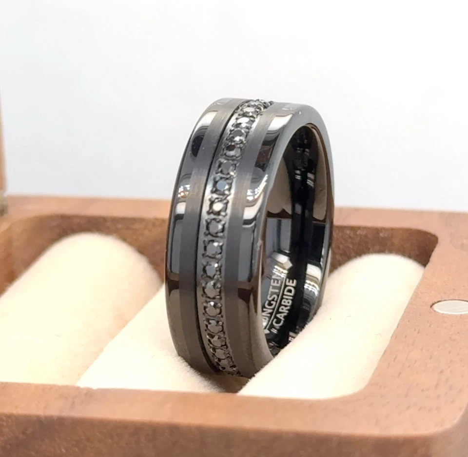 Anillo de regalo para ella anillo de compromiso de tungsteno negro anillo de piedras de circonita cúbica Foto 4 de 4