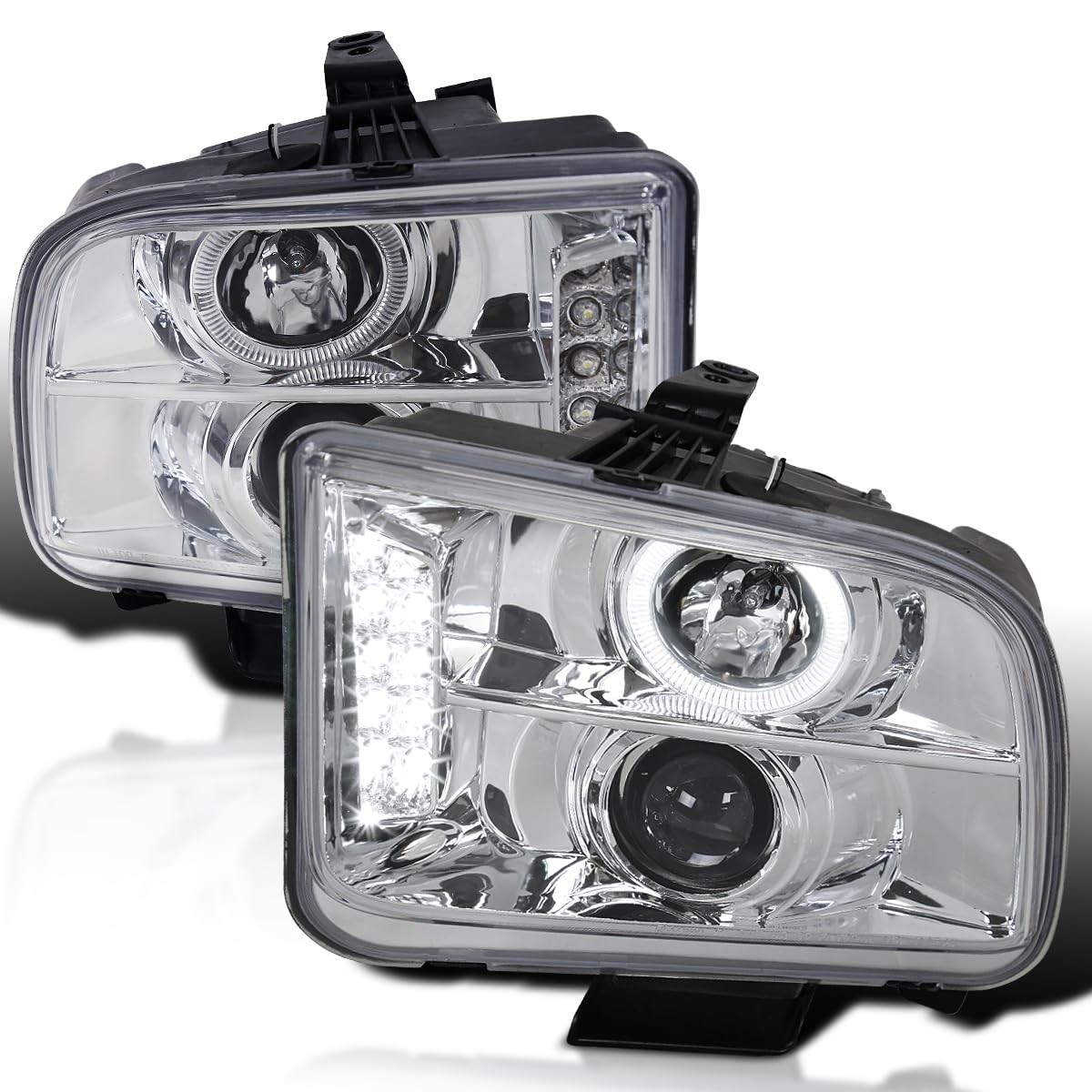 LED Halo Chrome Projector Headlights for 2005-2009 Ford Mustang Pair Assembly