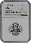1943 D 1c Lincoln Steel Wheat Cent NGC Graded MS 64 Star in New Holder