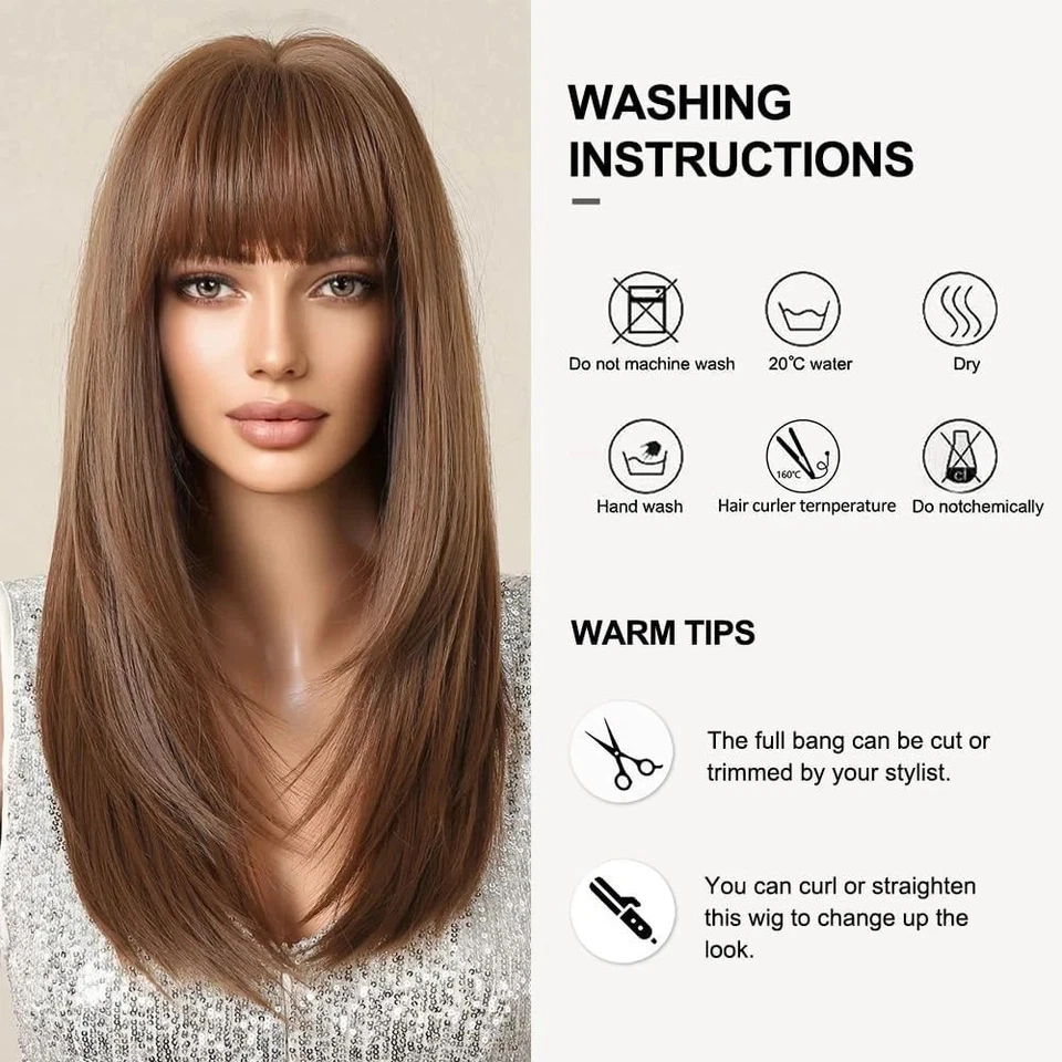 Peluca sintética de cabello resistente al calor Cosplay fiesta con flecos larga recta granate Foto 4 de 4