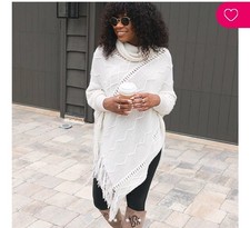 Ivory Knit Poncho Cowl Neck Cape Cream Knit Tassle Pullover Boho Cozy Layering
