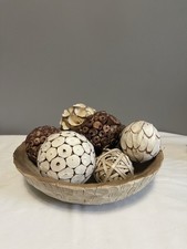 Heavy Whitewashed Wooden Bowl With Nine Decorative Pieces