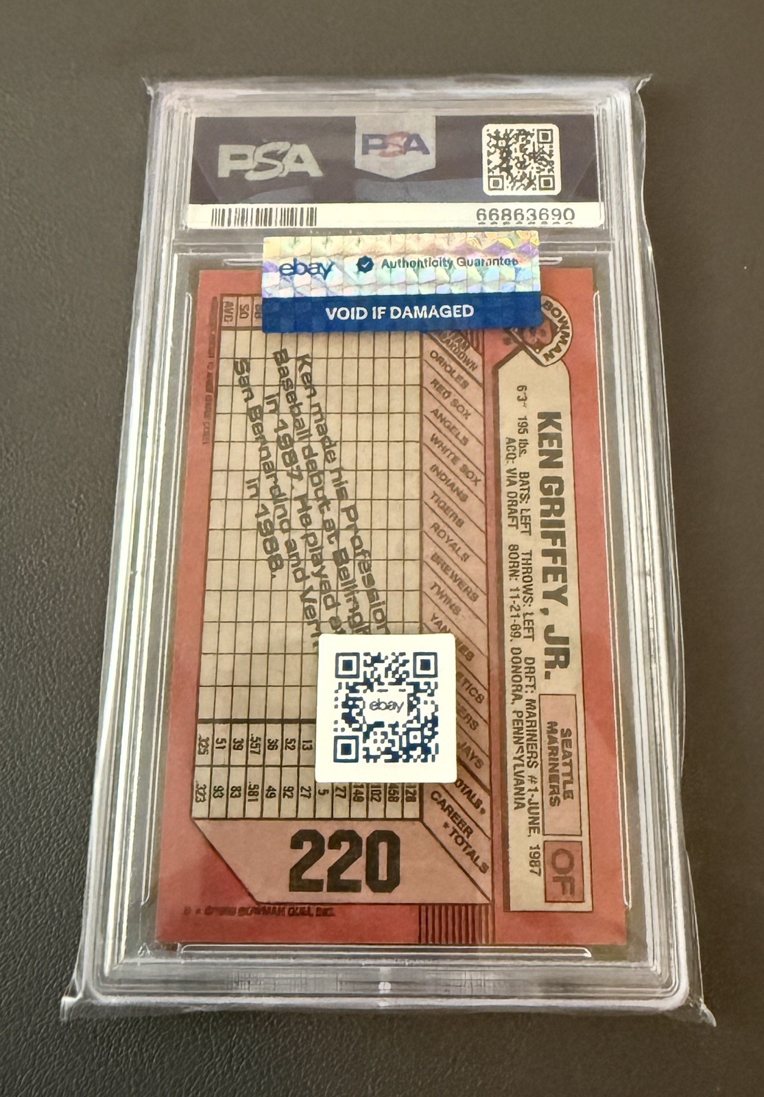 1989 KEN GRIFFEY JR BOWMAN ROOKIE #220 PSA 10. See pictures!!! view 2