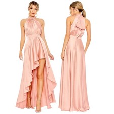 Mac Duggal NWT Pink High Neck Halter Satin High Low Gown Size 4 Back Bow Knot