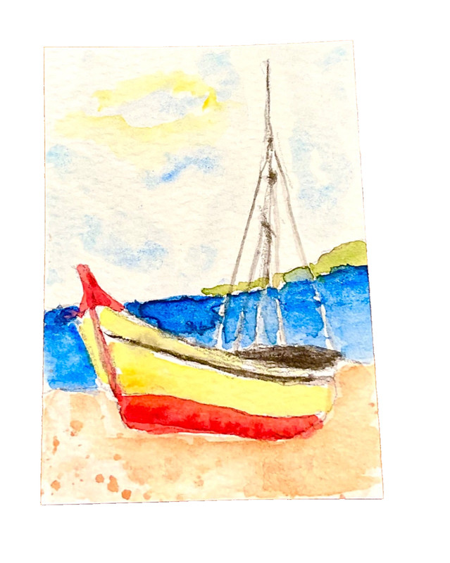 ACEO Original boat canoe beach ocean seascape ATC OOAK Cherie Donnell