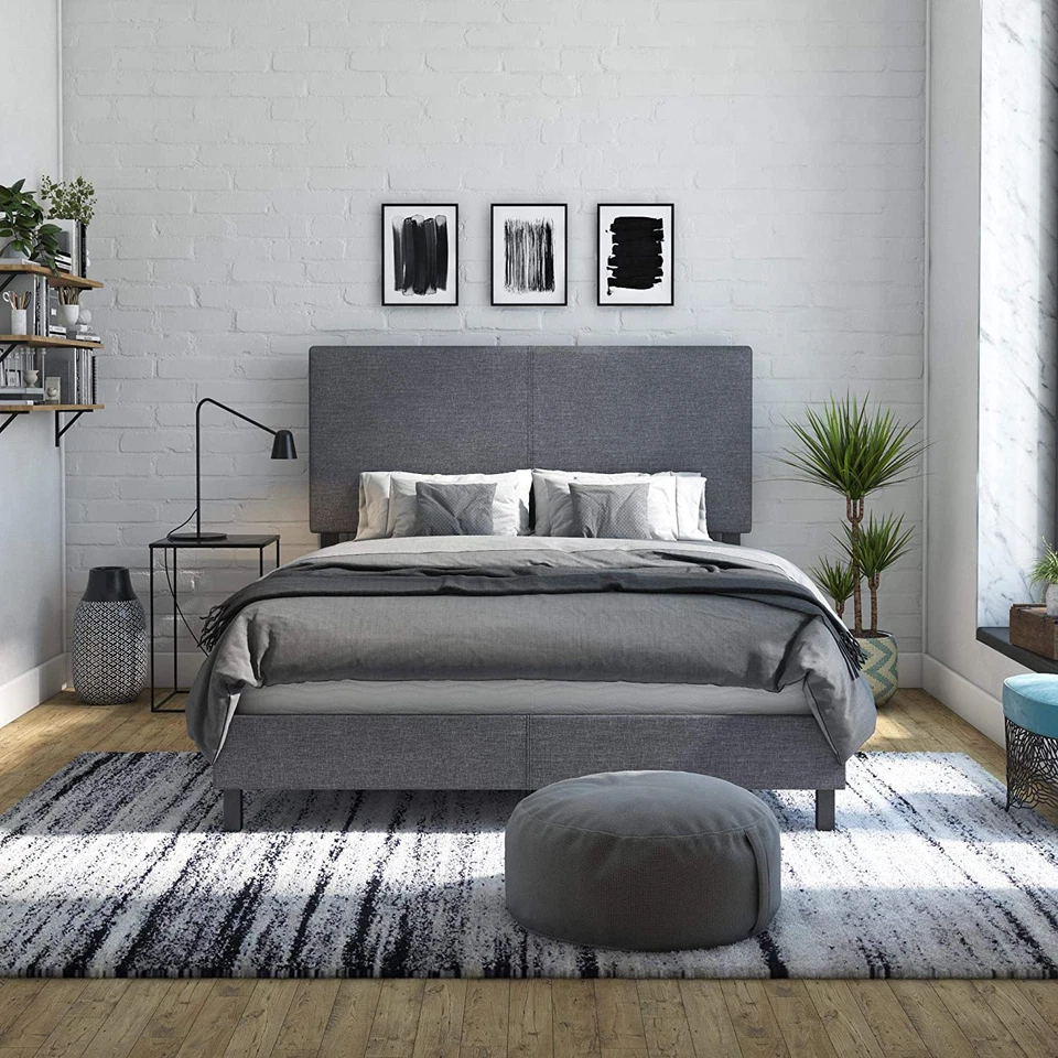 Cama tapizada de tela de lino gris con diseño moderno elegante, tamaño completo Foto 2 de 4