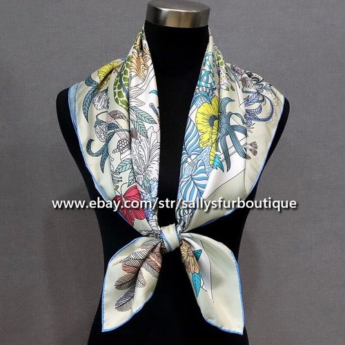 Sally 18 Momme Twill Silk Double Face Scarf Stole Flowers Print Square shawl 35" - Picture 4 of 11