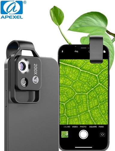 APEXEL 200x Mikroskop-Makro-Taschenobjektiv mit LED-Clip für iPhone und Android