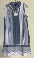 NWT Hatley linen cotton sleeveless blue stripe shift dress w fringe detail sz M