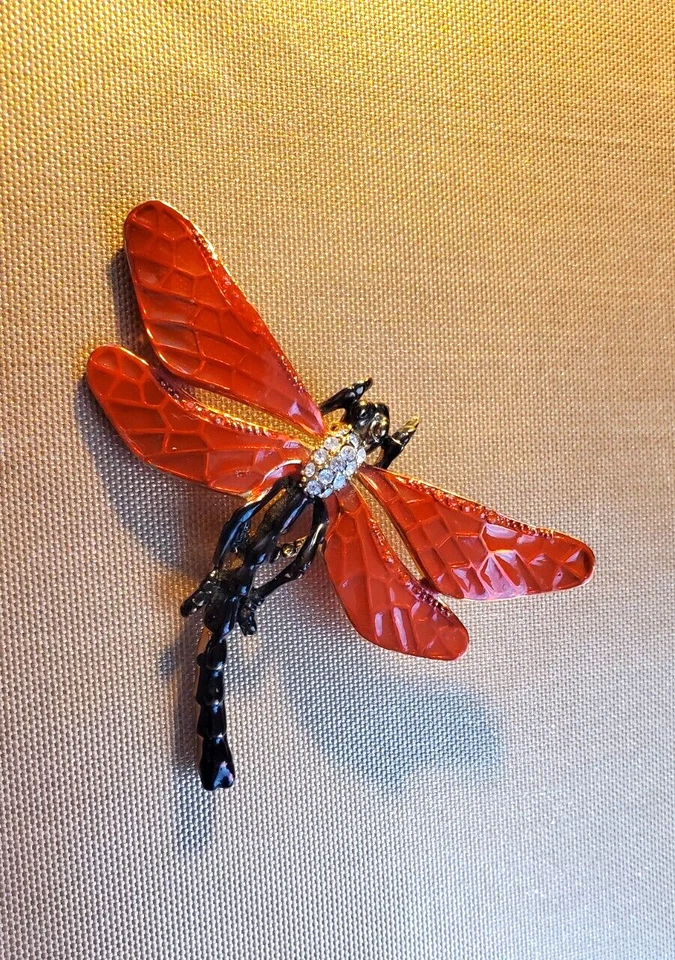 Goth Red Dragonfly Brooch/Pin Very Large  Nice Enamel and Rhinestones  Romantic