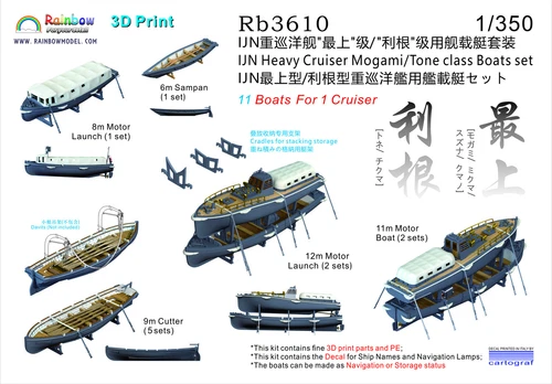 Rainbow PE 1/350 IJN Heavy Cruiser Mogami/Tone class Boats set (11 boats) Rb3610 - Picture 3 of 3