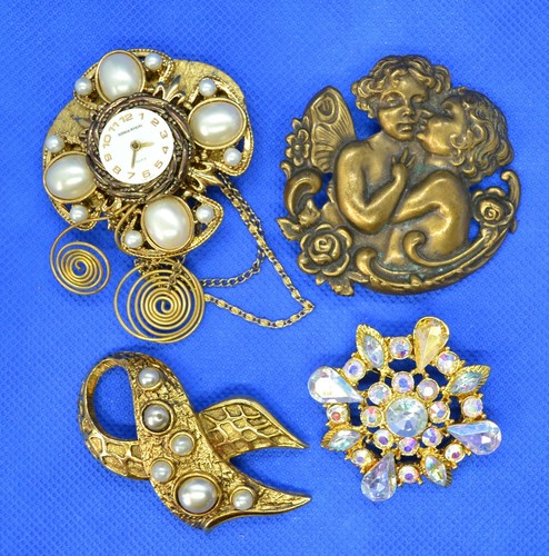 Lote de 12 broches de bisutería retro vintage, perlas de pedrería de metal, 925 - Imagen 6 de 11