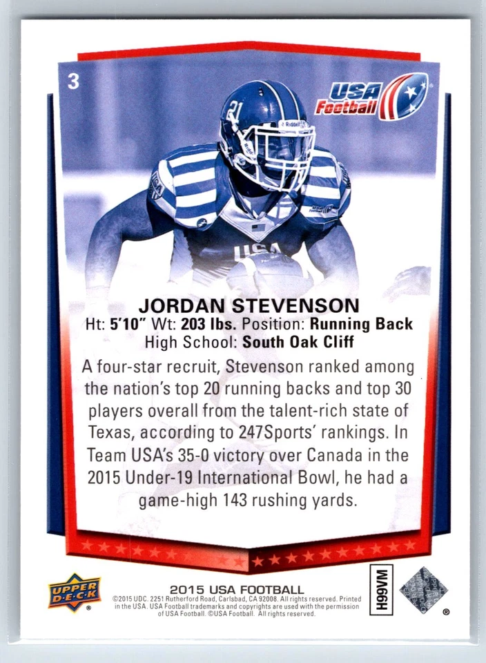 2015 Upper Deck USA Football Jordan Stevenson Rookie USA RC #3 - Image 2 of 2