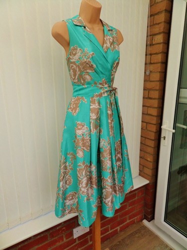 ELIZA J TÜRKIS GOLD ELFENBEIN BLUMENSATIN 50ER JAHRE PLATTE FLARE MIDI KLEID 8 NEU OHNE ETIKETT - Bild 5 von 14