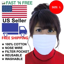 Large White Face Mask Reusable Washable with Filter Pocket Nose Wire Cotton 