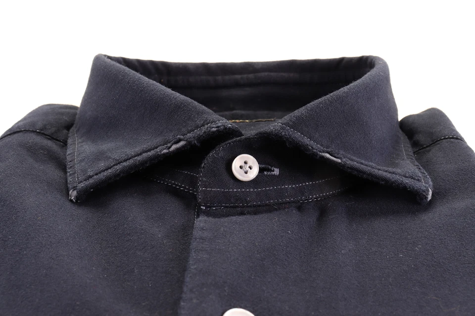 NUEVO CON ETIQUETAS CAMISA DE VESTIR BARBA Napoli Culto sólido azul marino hecha a mano 41 16 Foto 2 de 2