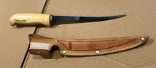 Vintage Fiskars Fillet Knife W Wood handle and Leather Case Glove