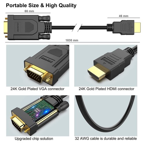 Câble HDMI vers VGA, 1,8 M plaqué Or HDMI vers VGA (mâle à mâle), Noir - Afbeelding 4 van 8
