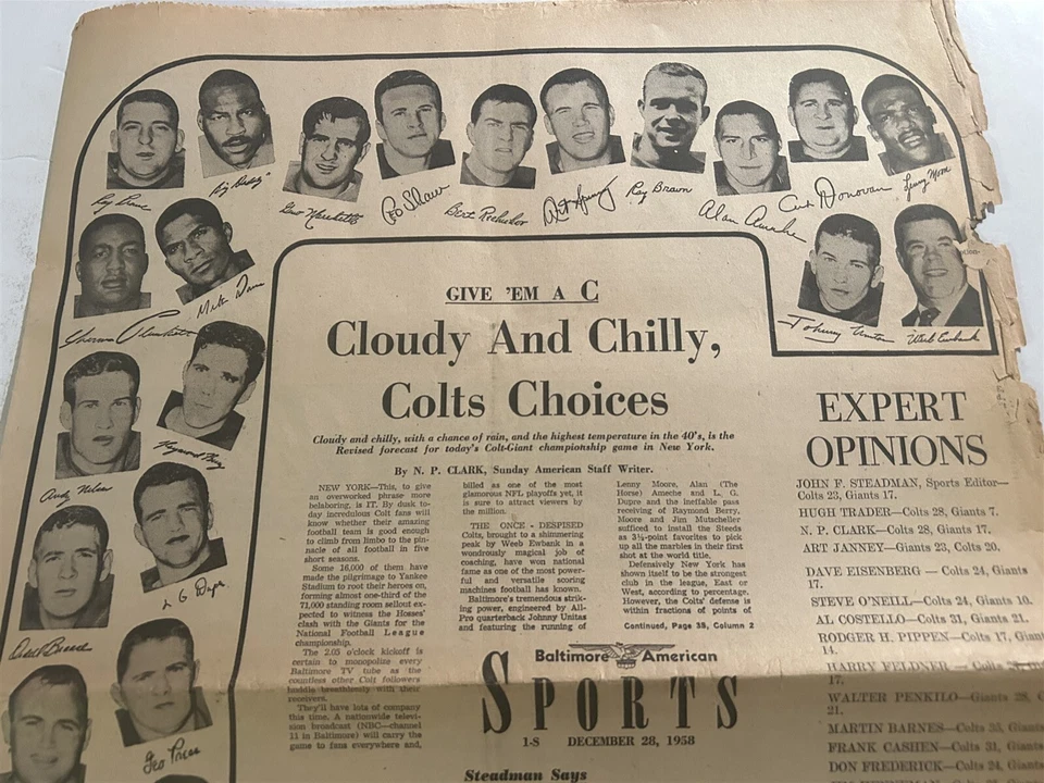 1958 Baltimore American BALTIMORE COLTS Giants JOHNNY UNITAS World Championship - Image 2 of 4