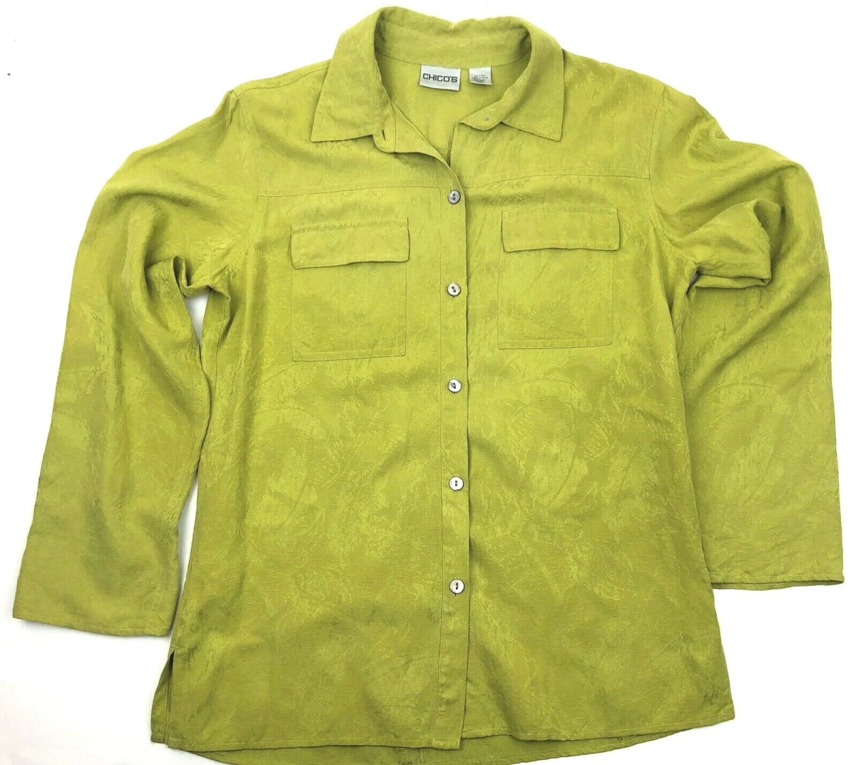 Chico s 100 Silk Mustard Green Leafs Print Collared Button Down Shirt Size 0