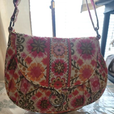Vera Bradley Folkloric Crossbody Shoulder Flap Purse Vintage Orange Pink Floral