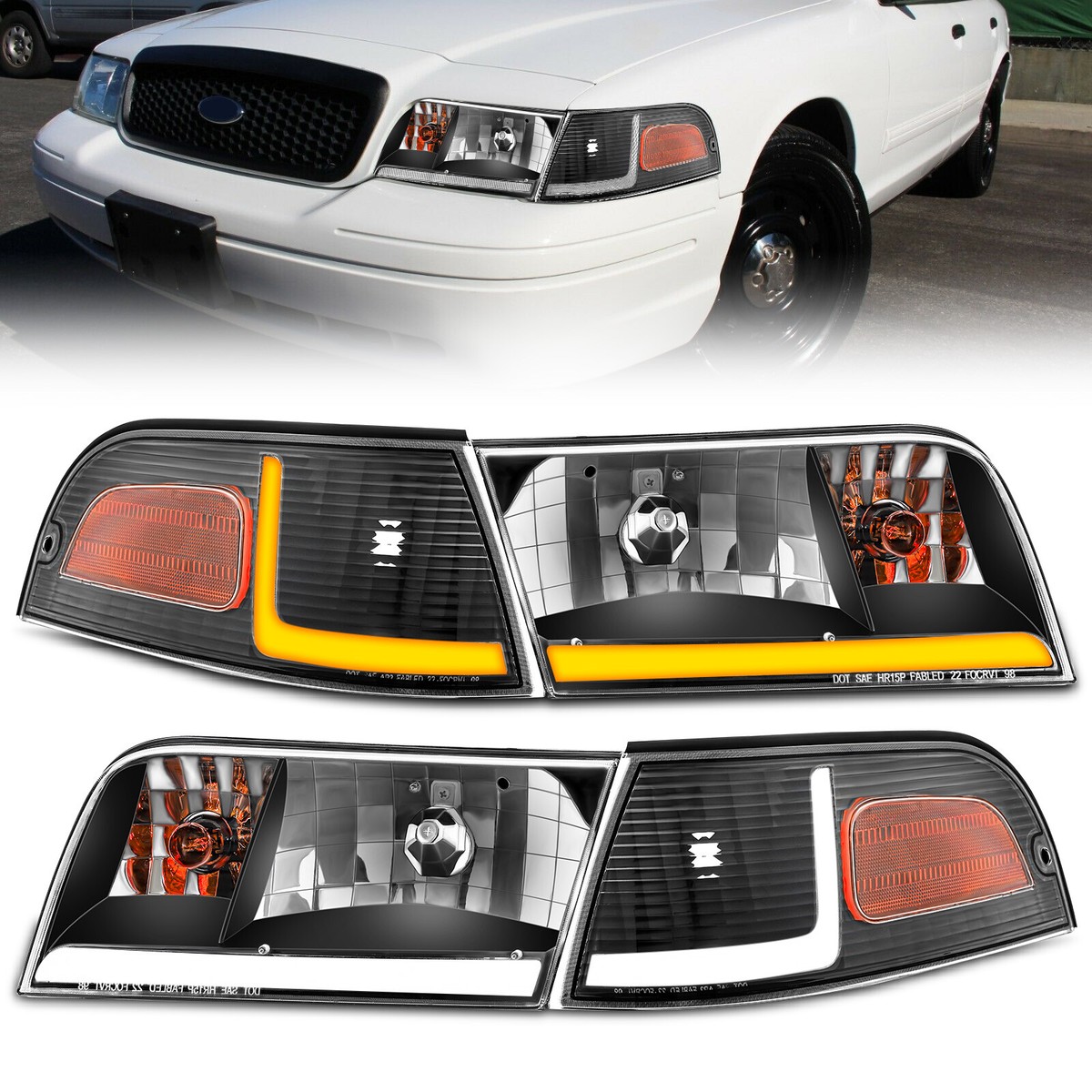 Black LED DRL Headlights Sequential Turn Signal For 98-11 Ford 