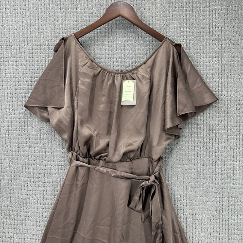 HD In Paris Anthropologie Midi Dress Size 6 Bronze Satin Belted Flutter Sleeve - Picture 3 of 11